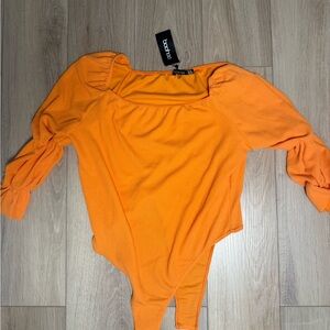 Boohoo Vibrant Orange Crinkle Puff Long Sleeved Bodysuit NWT